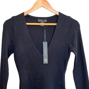 House of Harlow 1960 Ribbed Knit V-Neck Black Bodysuit Long Sleeve Sz Large-NWT